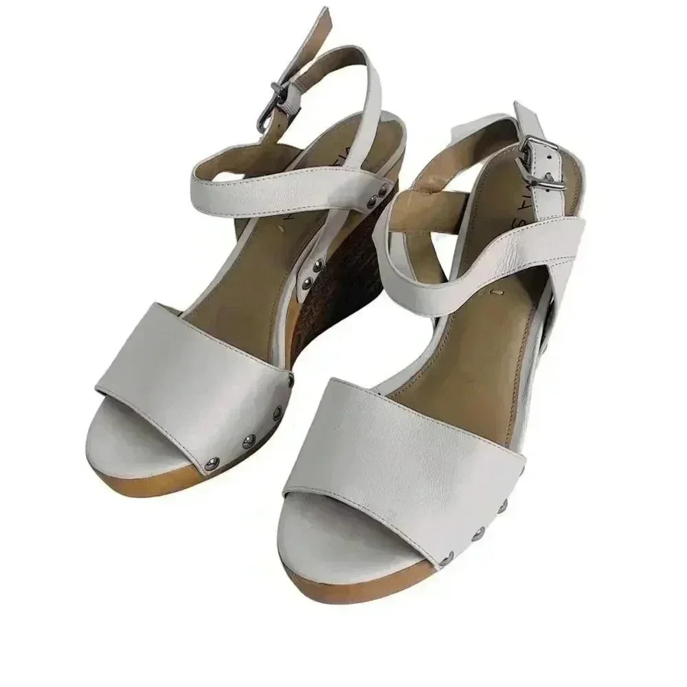 Via Spiga White Leather Wedges Woven Sandal Heels Women's Size 8 - Picture 2 of 12